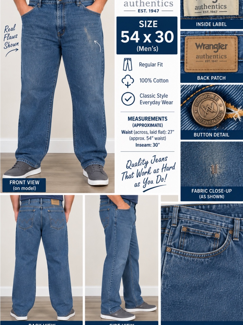 Wrangler Men’s Relaxed Fit Blue Denim Jeans - Classic Medium Blue Size 54x30